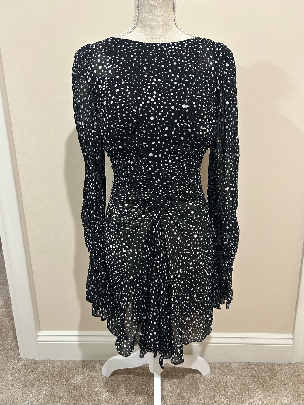 Zara Black Polka Dot Long Sleeve Ruched Mini Dress - Picture 1 of 2